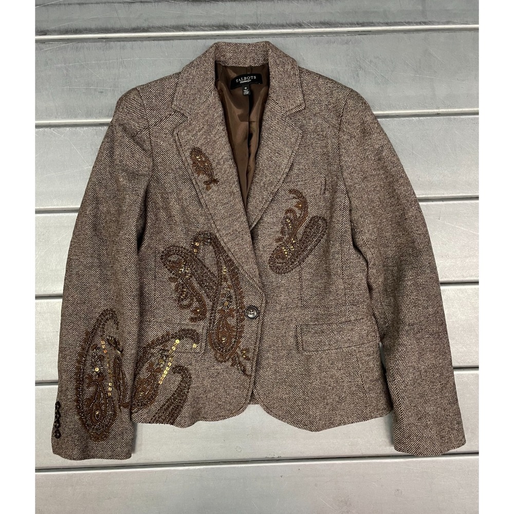 Talbots Blazer Jacket‎ Womens 10 Taupe Wool Embellished Paisley One Button